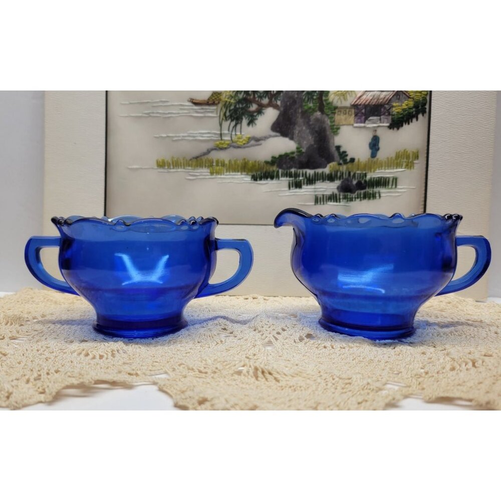 L.E. Smith Cobalt Blue Sugar & Creamer Set Mt. Pleasant Collection Vintage Glass